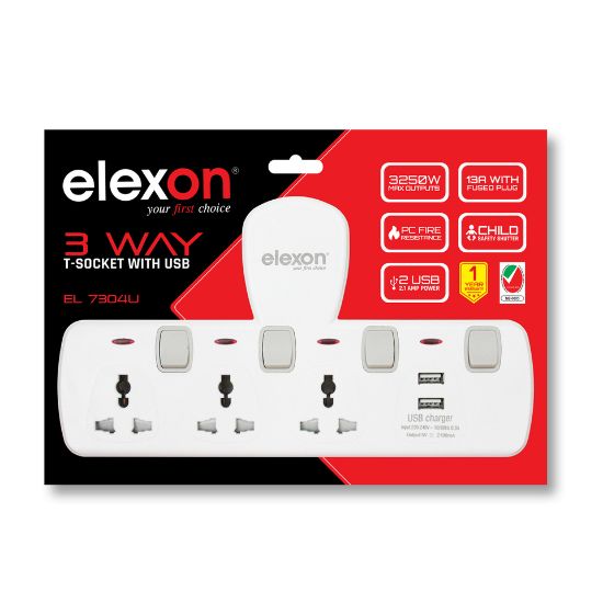 Picture of Elexon 3Way Extension T Socket With 2USB Port EL7304U