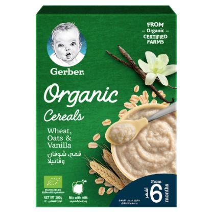 Picture of Gerber Organic Cereals Baby Food Wheat Oats & Vanilla From 6 Months 200g