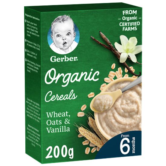 Picture of Gerber Organic Cereals Baby Food Wheat Oats & Vanilla From 6 Months 200g