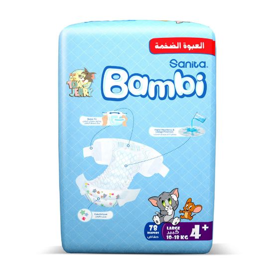 Picture of Sanita Bambi Baby Diaper Mega Pack Size 4+ Large plus 10-18kg 78pcs