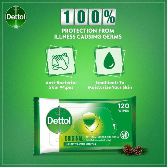 Picture of Dettol Original 2 in 1 Antibacterial Skin and Surface Wipes for 100% Better Germ Protection 120pcs