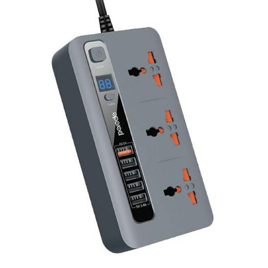 Picture of Porodo PD-5P3SQC-GY 3.4A 4 USB Port with 10A 3 Universal Power Sockets - Grey