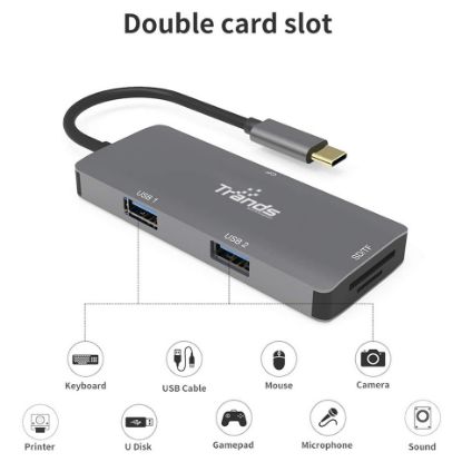 Picture of Trands USB-C Adapter with Dual USB 3.0 Ports SD TF CF Card Reader TR-CR3539