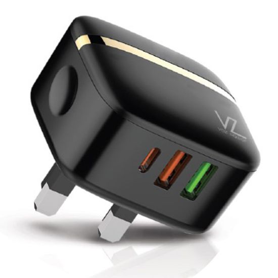 Picture of Voz 32W Three port Wall Charger With PD+QC 3.0 Port Lightning Cable, Black, VZWPD02L