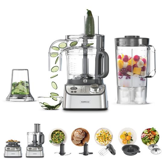 Picture of Kenwood Food Processor 1000W with Blender, Grinder Mill, Dual Metal Whisk, Dough Maker, Citrus Juicer, Express Serve/Salad Maker, Kitchen Scale/Weighing Tray FDM71.690SS Silver