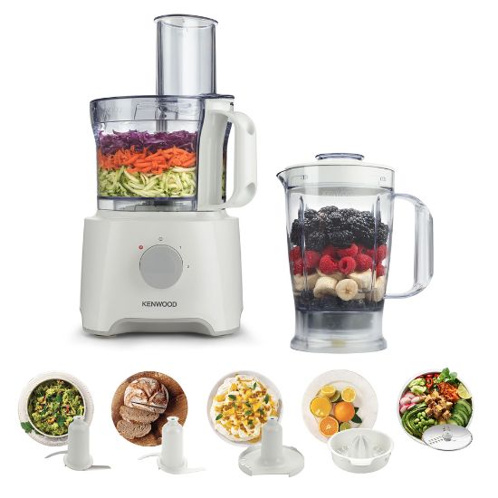 Picture of Kenwood Food Processor 800W Multi-Functional with Reversible Stainless Steel Disk, Blender, Whisk, Dough Maker, Citrus Juicer FDP303WH White