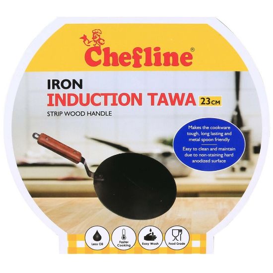 Picture of Chefline Iron Induction Tawa with Strip Wooden Handle, 23 cm, Black, IND