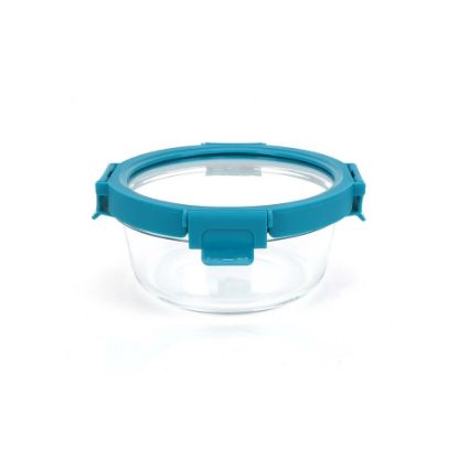 Picture of Chefline Round Food Storage Glass Container With Lid, Blue (Teal Blue), 400 ml