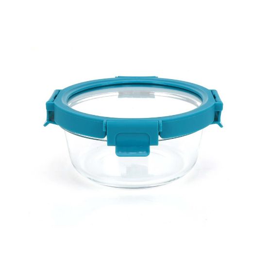 Picture of Chefline Round Food Storage Glass Container With Lid, Blue (Teal Blue), 650 ml