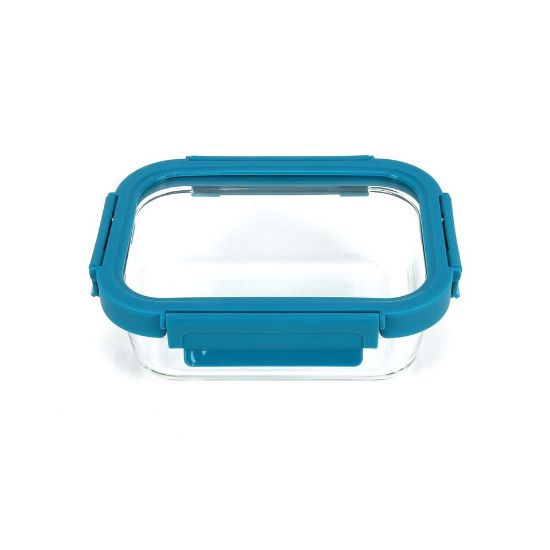 Picture of Chefline Rectangle Food Storage Glass Container With Lid, Blue (Teal Blue), 640 ml