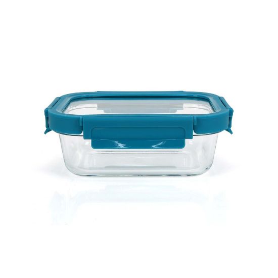 Picture of Chefline Rectangle Food Storage Glass Container With Lid, Blue (Teal Blue), 640 ml