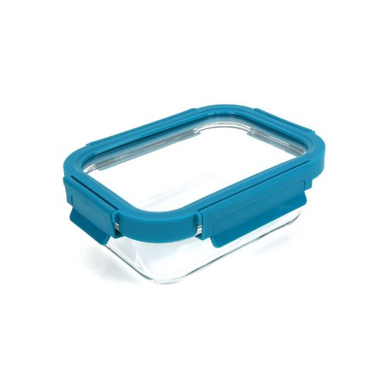 Picture of Chefline Rectangle Food Storage Glass Container With Lid, Blue (Teal Blue), 640 ml