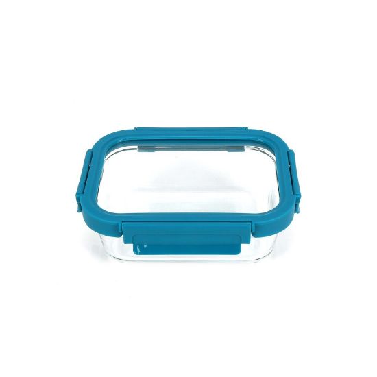 Picture of Chefline Rectangle Food Storage Glass Container With Lid, Blue (Teal Blue), 370 ml