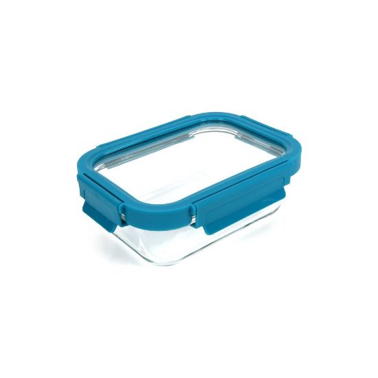 Picture of Chefline Rectangle Food Storage Glass Container With Lid, Blue (Teal Blue), 370 ml