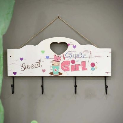 Picture of Maple Leaf Multifunction Wooden Wall Hook Hanger, Wall Mounted "Sweet Super Girl" Sign 4Key Hanging Hooks 40x22.5x5cm 20YX107